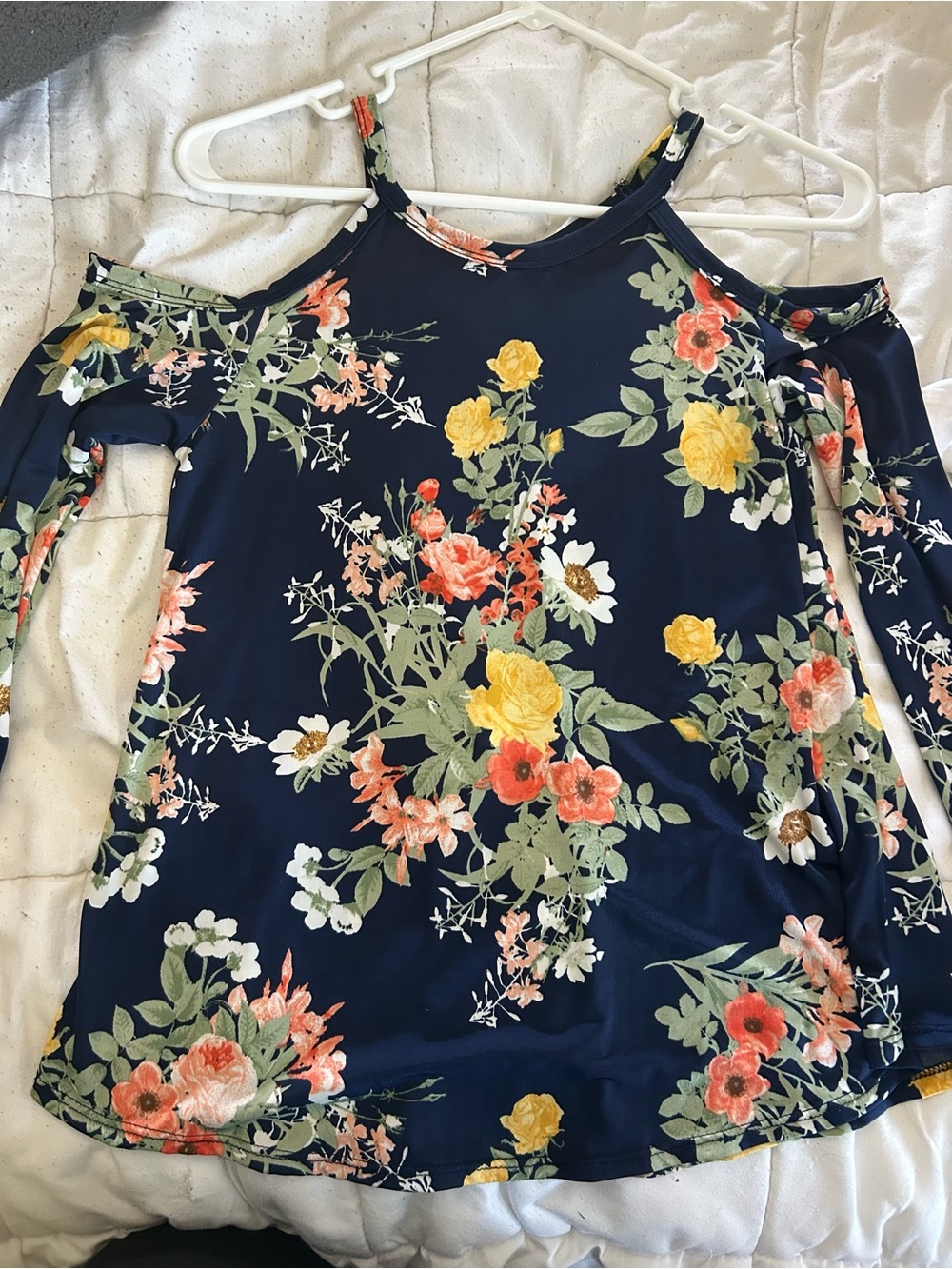 Cold-Shoulder Navy Floral Top with Yellow & Coral Blooms